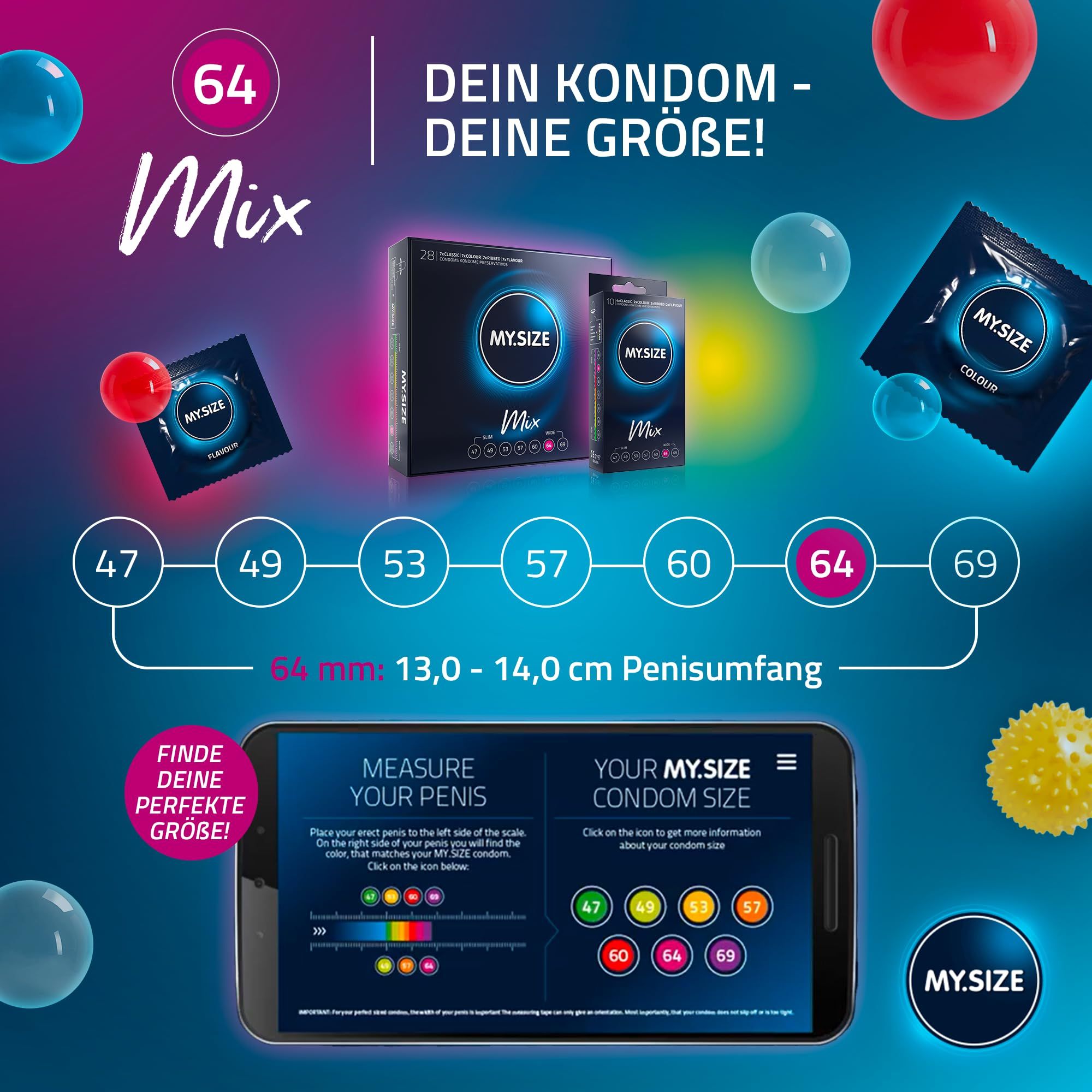 MY.SIZE 64 Mix Kondompackung mit Größenangaben und Smartphone-App zur Größenermittlung.