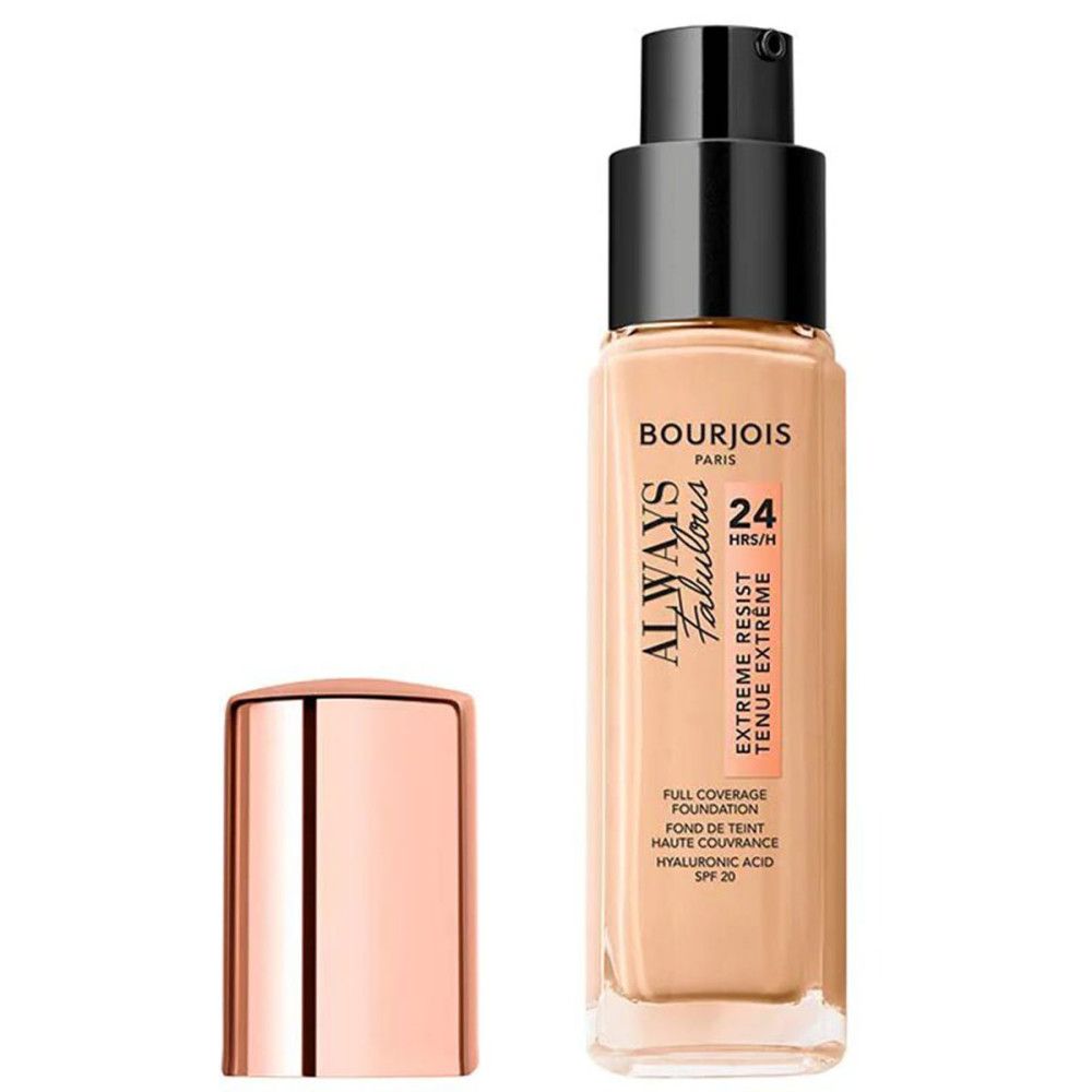 Bourjois Always Fabulous Foundation-Flasche mit schwarzem Pumpkopf und roségoldener Kappe. Beige Foundation.