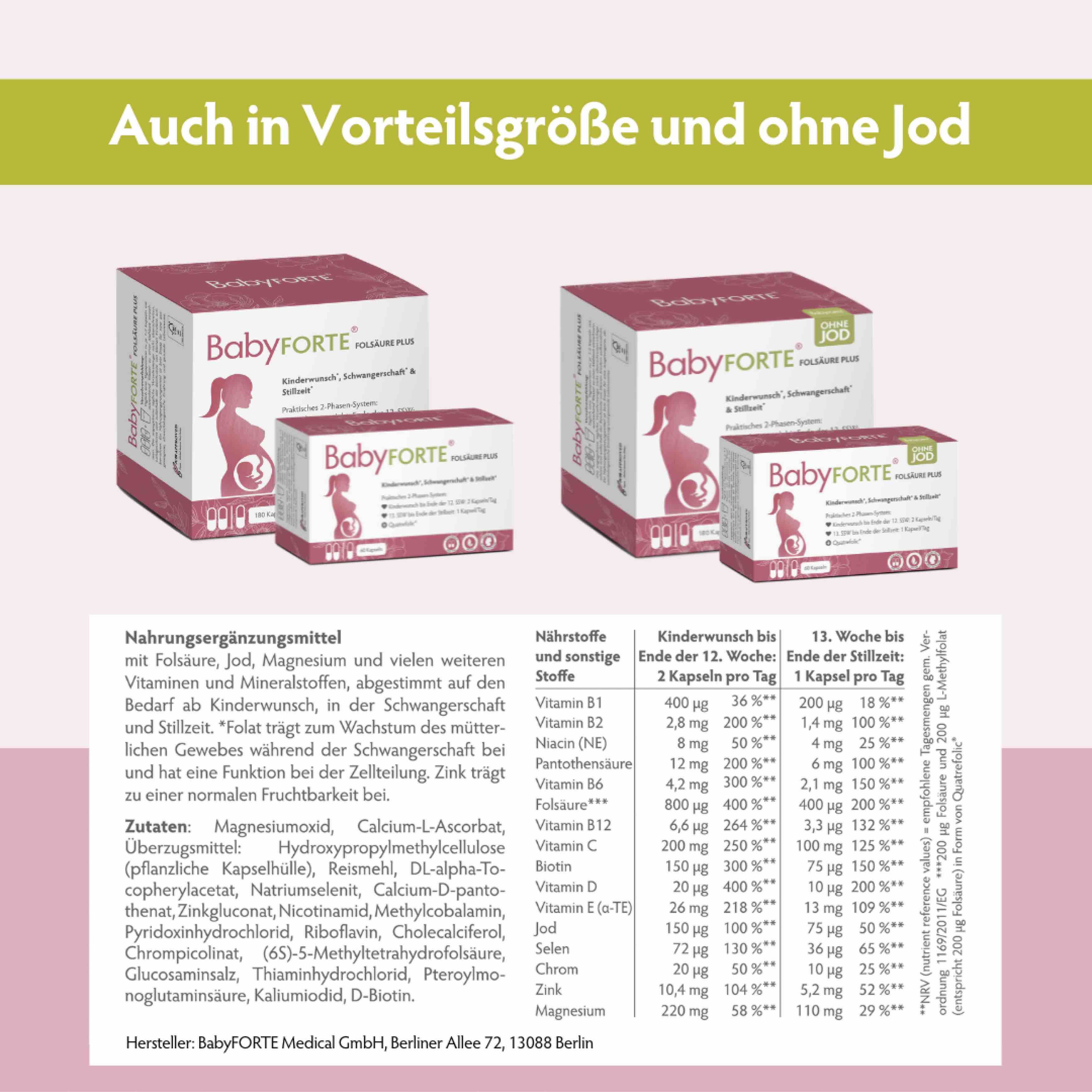 BabyFORTE Packungen in verschiedenen Größen. Ohne Jod. Nährwerttabelle mit Inhaltsstoffen und Dosierung für Schwangerschaft und Stillzeit.