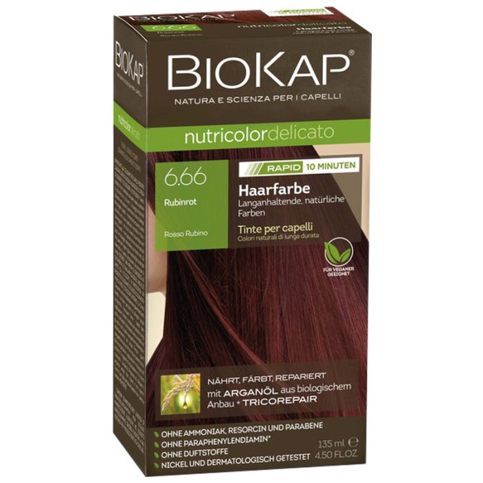 Schachtel mit BIOKAP-Logo. Produktname: nutricolor delicato RAPID. Farbe: 6.66 Rubinrot. Haarfarben-Abbildung. Text.