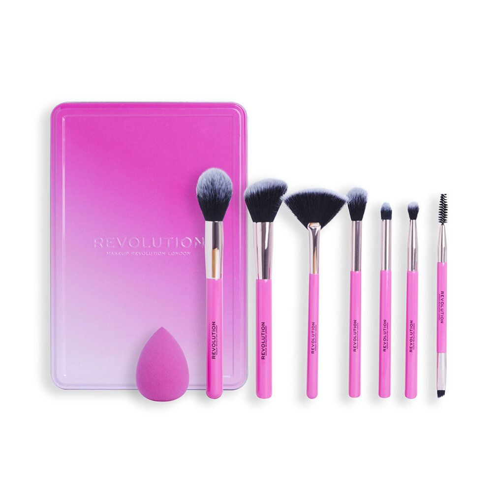 Pinsel-Set mit rosa Griffen und Schwamm, in einer rosa-weiß-farbenen Box. Enthält verschiedene Pinselformen.