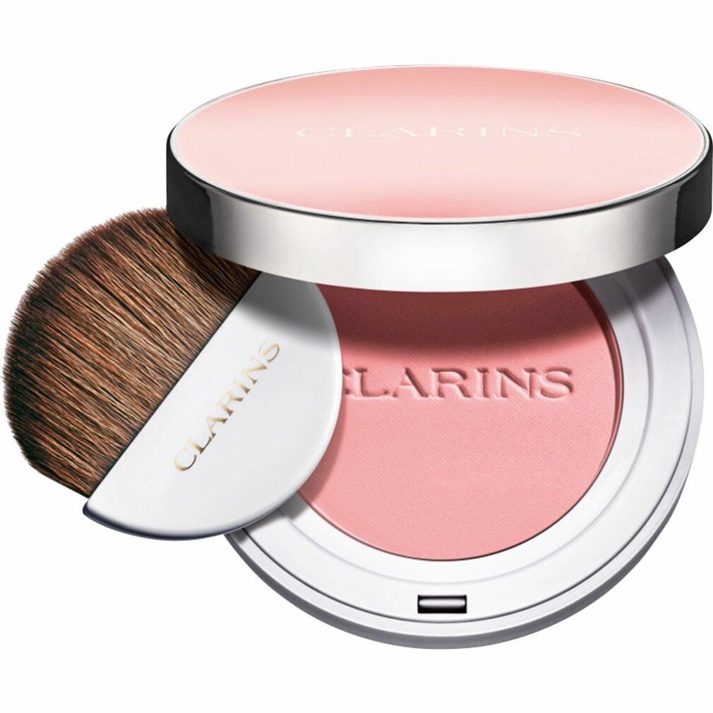 Rouge CLARINS JOLI BLUSH 01. Runde Dose mit Puder, Pinsel. Dose mit silbernem Rand, rosa Deckel. Pinsel mit weißem Griff. Marke sichtbar.