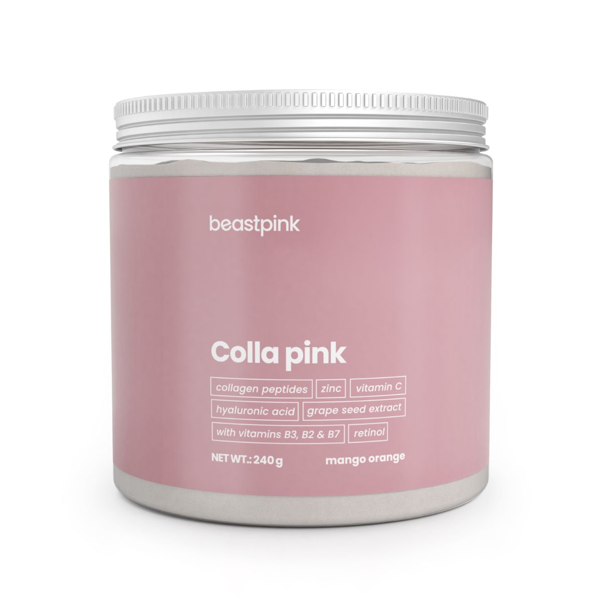 Colla Pink Pulver in rosa Dose mit silbernem Deckel. Enthält Kollagenpeptide, Hyaluronsäure, Vitamine und Mineralstoffe.