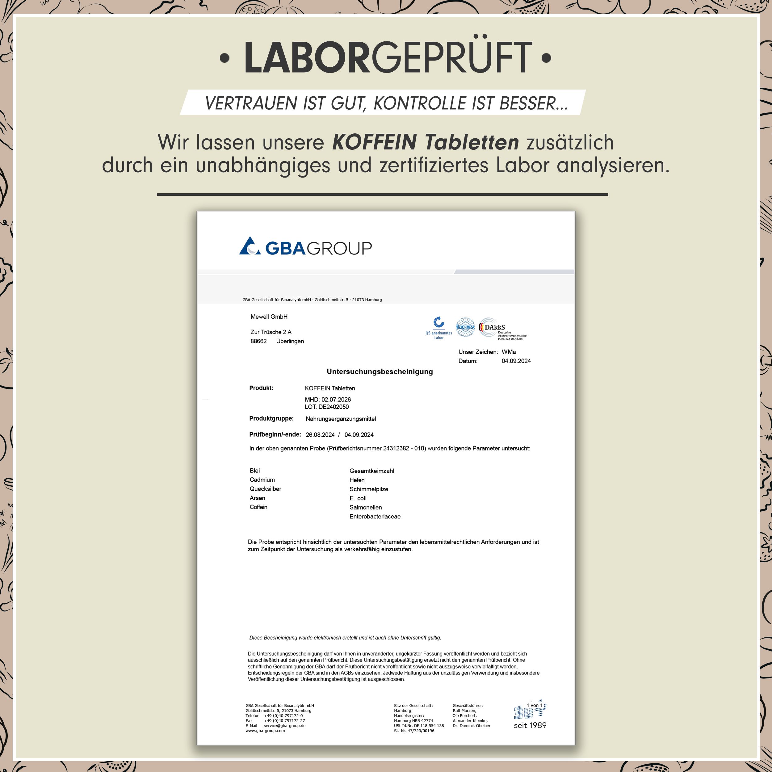 Zertifizierungsbericht für KOFFEIN Tabletten. GBA Group. Details zu Produkt, Chargennummer, Analyseergebnissen.