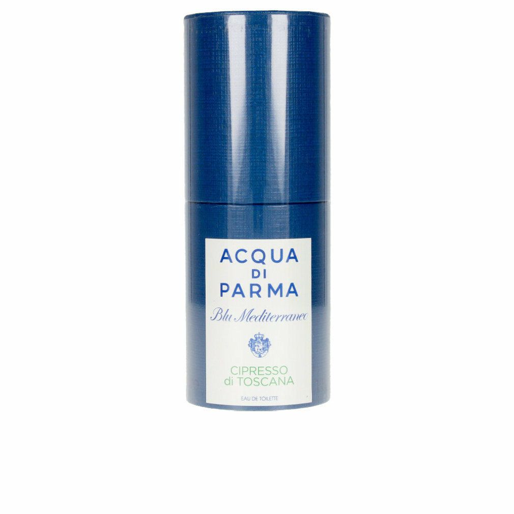 Blaue zylindrische Verpackung mit weißem Etikett. Auf dem Etikett steht "Acqua di Parma Blu Mediterraneo Cipresso di Toscana".