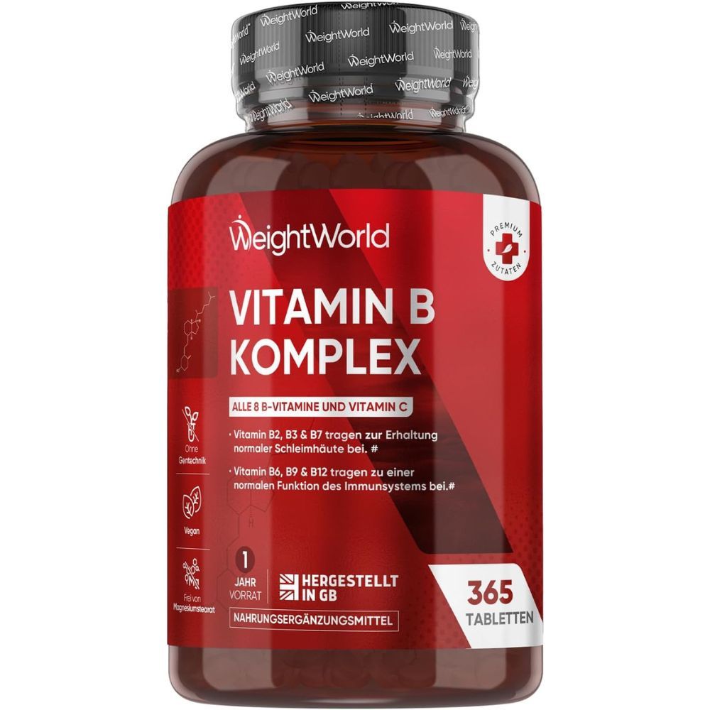 Braune Flasche Vitamin B Komplex. Aufschrift: Alle B-Vitamine und Vitamin C. 365 Tabletten. Hergestellt in GB. Nahrungsergänzungsmittel.