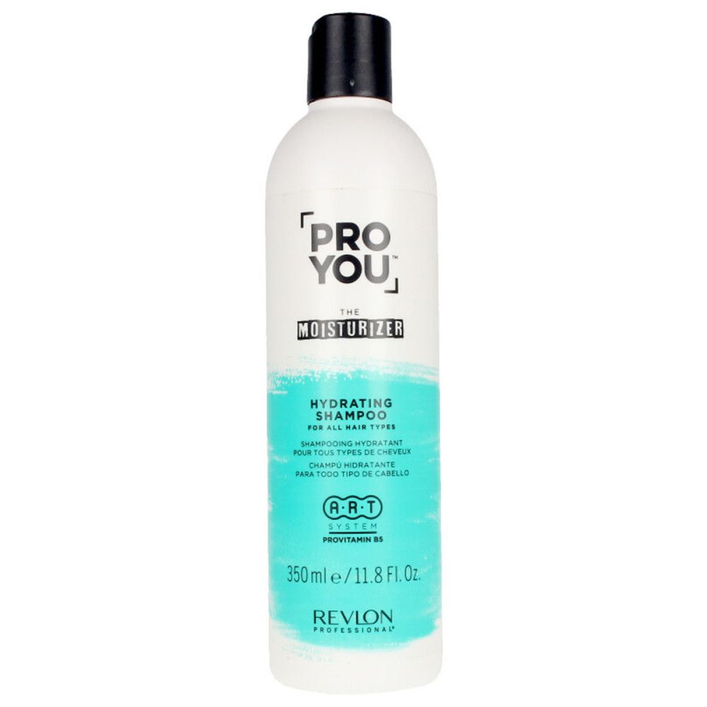 Weiße Shampoo-Flasche mit schwarzem Deckel. Aufschrift: PRO YOU The Moisturizer, Hydrating Shampoo. Revlon Professional.