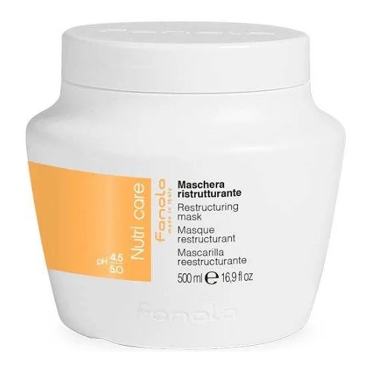 Fanola Nutri Care Haarkur, 500 ml. Weiße Dose mit orangefarbenem Etikett.