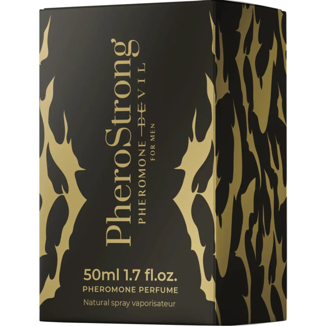 Schwarze Verpackung mit goldfarbenem Schriftzug: PheroStrong Pheromone Devil für Männer. Enthält 50ml. Mit dekorativem Muster.