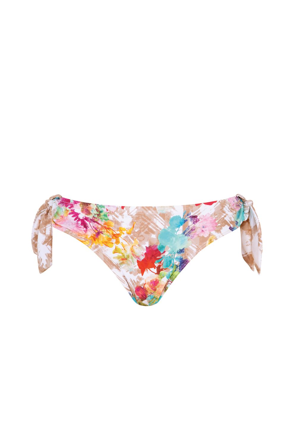 Bikinihose mit floralem Muster. Mehrfarbiges Design mit Bindebändern an den Seiten. Draufsicht.