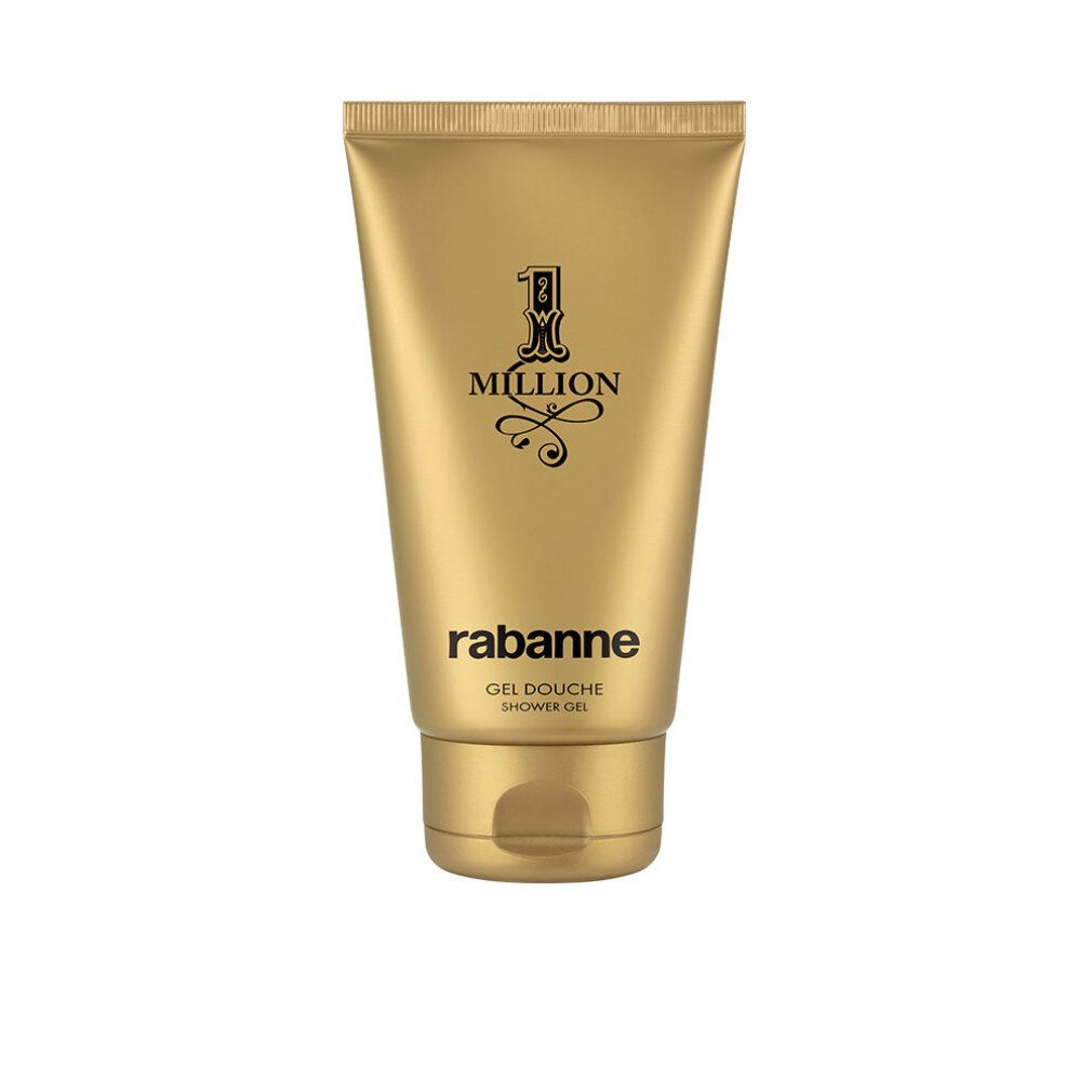 Goldfarbene Tube mit schwarzem "1 Million" Logo und Schriftzug "rabanne". Gel Douche/Shower Gel.