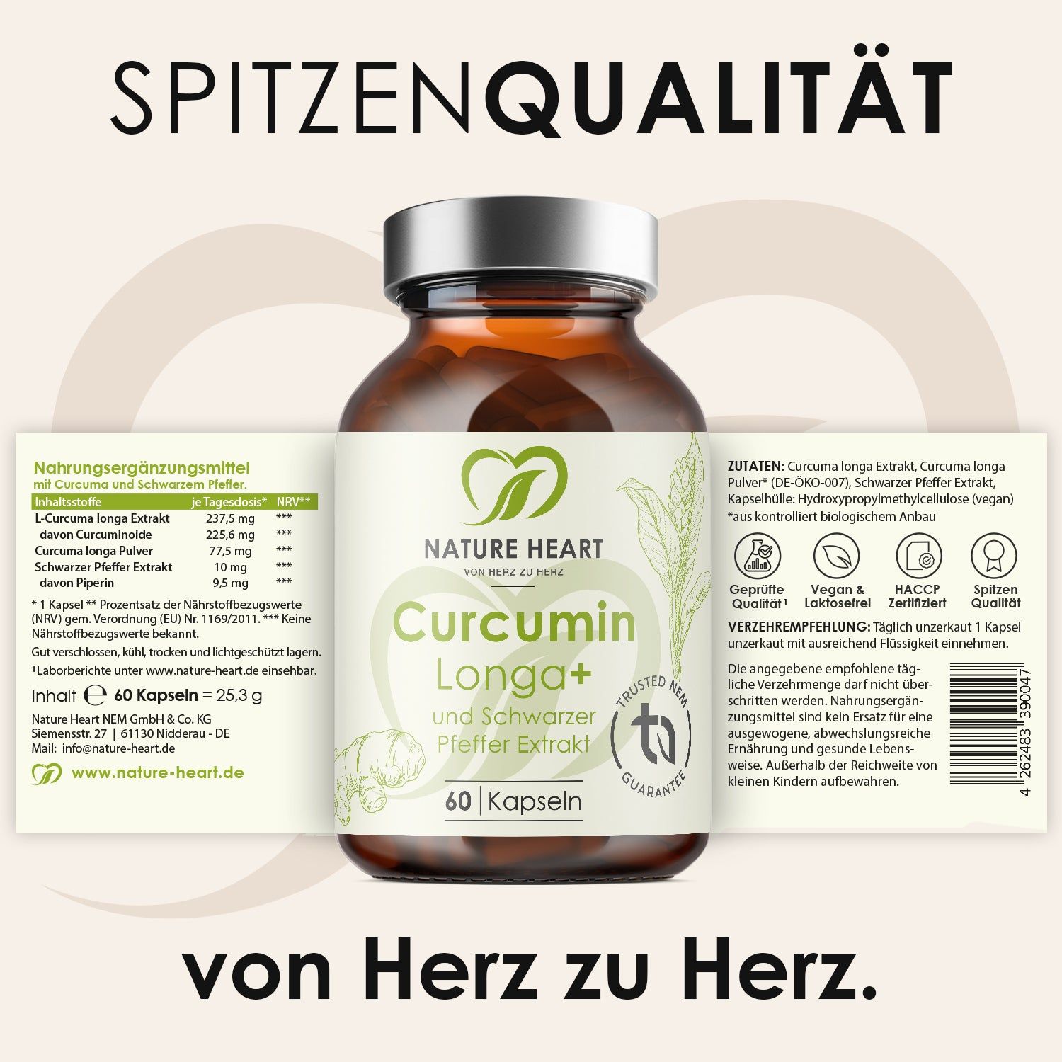 Flasche mit 60 Kapseln Curcumin Longa+ und schwarzem Pfeffer Extrakt. Nährwertangaben und Inhaltsstoffe auf dem Etikett.