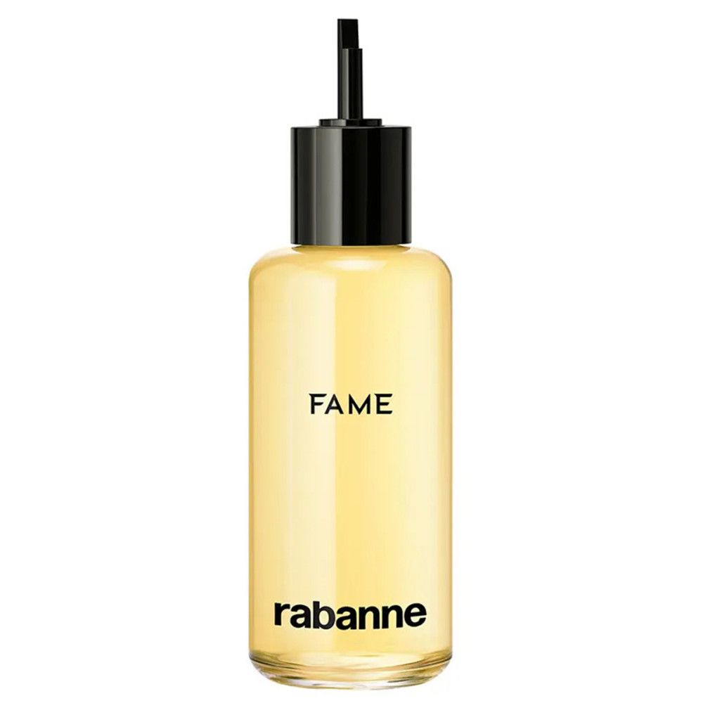 Gelbe Glasflasche mit schwarzem Verschluss. Aufschrift "FAME" und "rabanne".