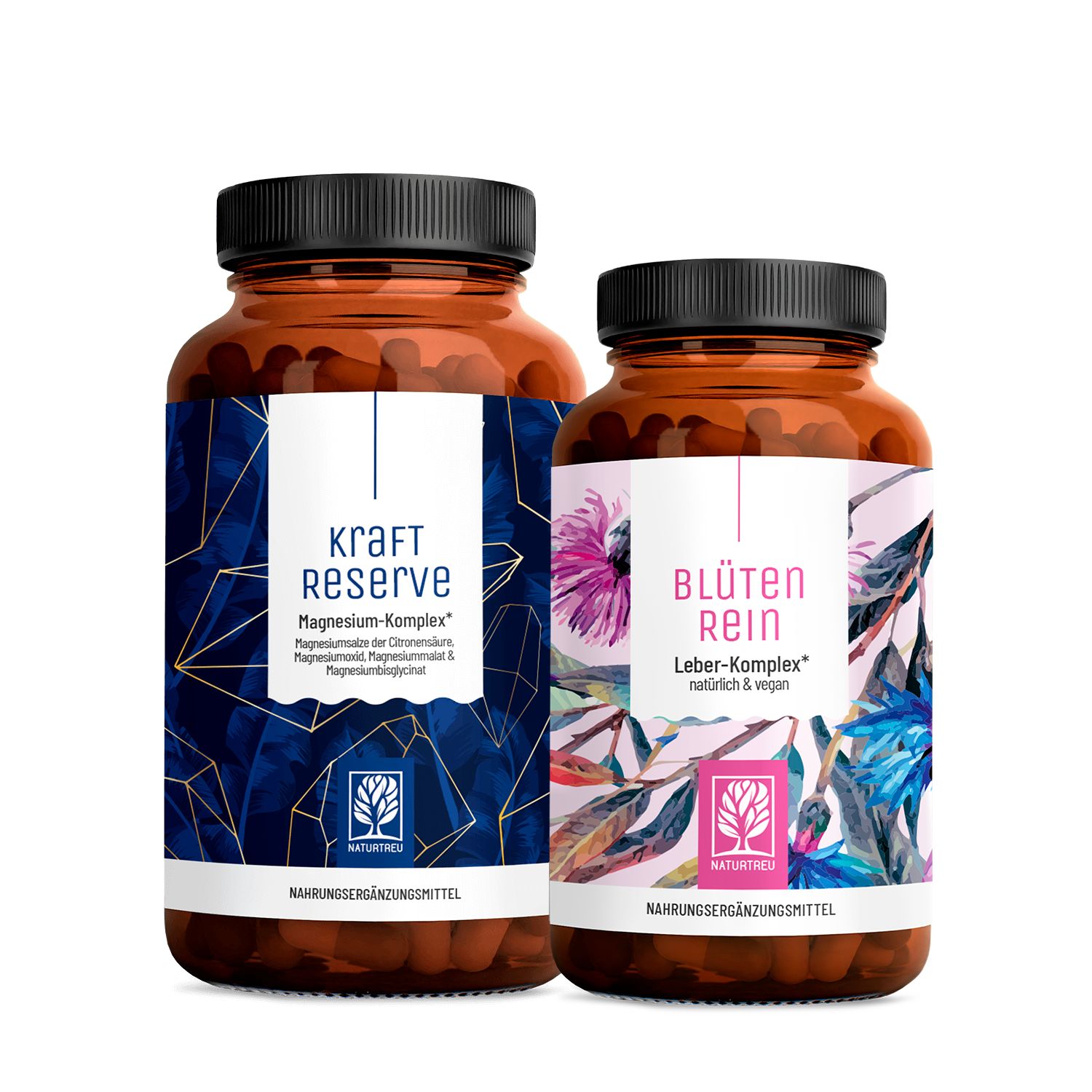 Zwei braune Flaschen mit schwarzen Deckeln. Eine mit blauem Etikett, die andere mit rosa Etikett. Beide mit Schriftzügen und Logos.