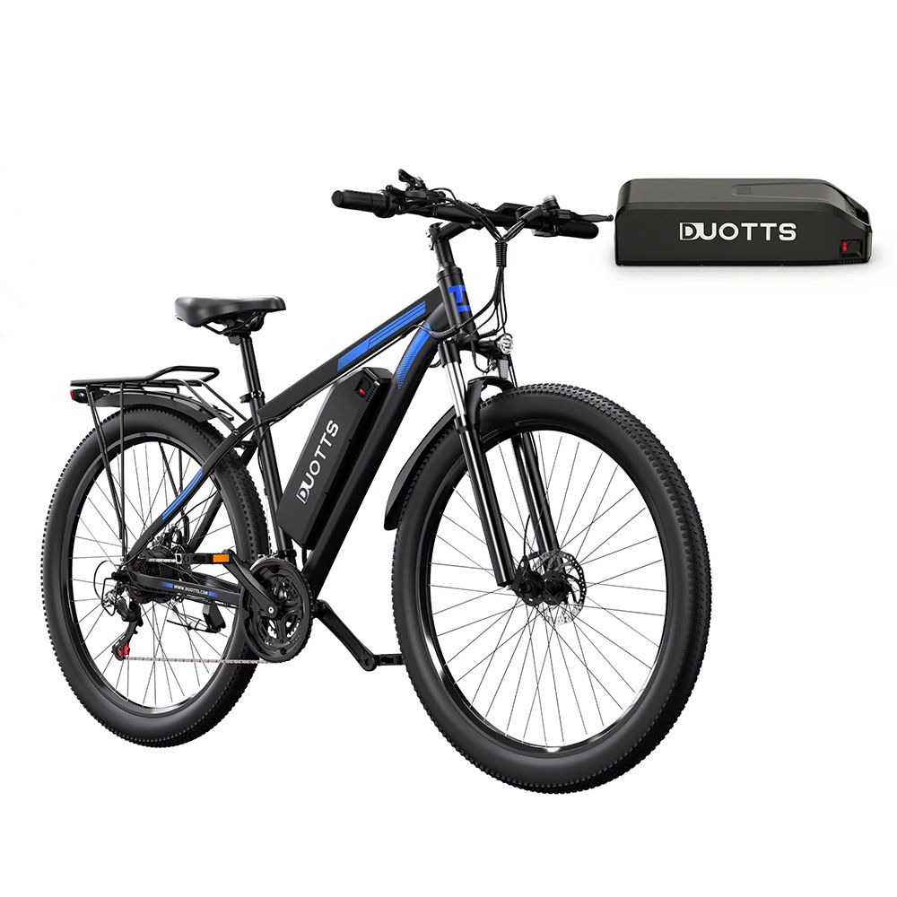 Schwarzes E-Mountainbike mit abnehmbarem Akku. DUOTTS-Logo, Scheibenbremsen, Gepäckträger.