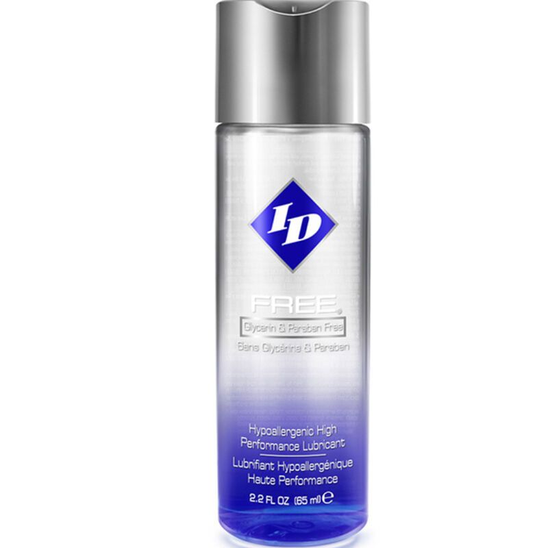 Zylindrische Flasche mit silbernem Deckel. Blaues Logo mit "ID". Text: "FREE", "Hypoallergenic High Performance Lubricant".