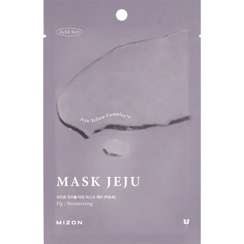 Violette MIZON Maske Jeju Packung. Aufschrift: MASK JEJU. Mit Jeju Yellow Complex. Mit Joyful Time.