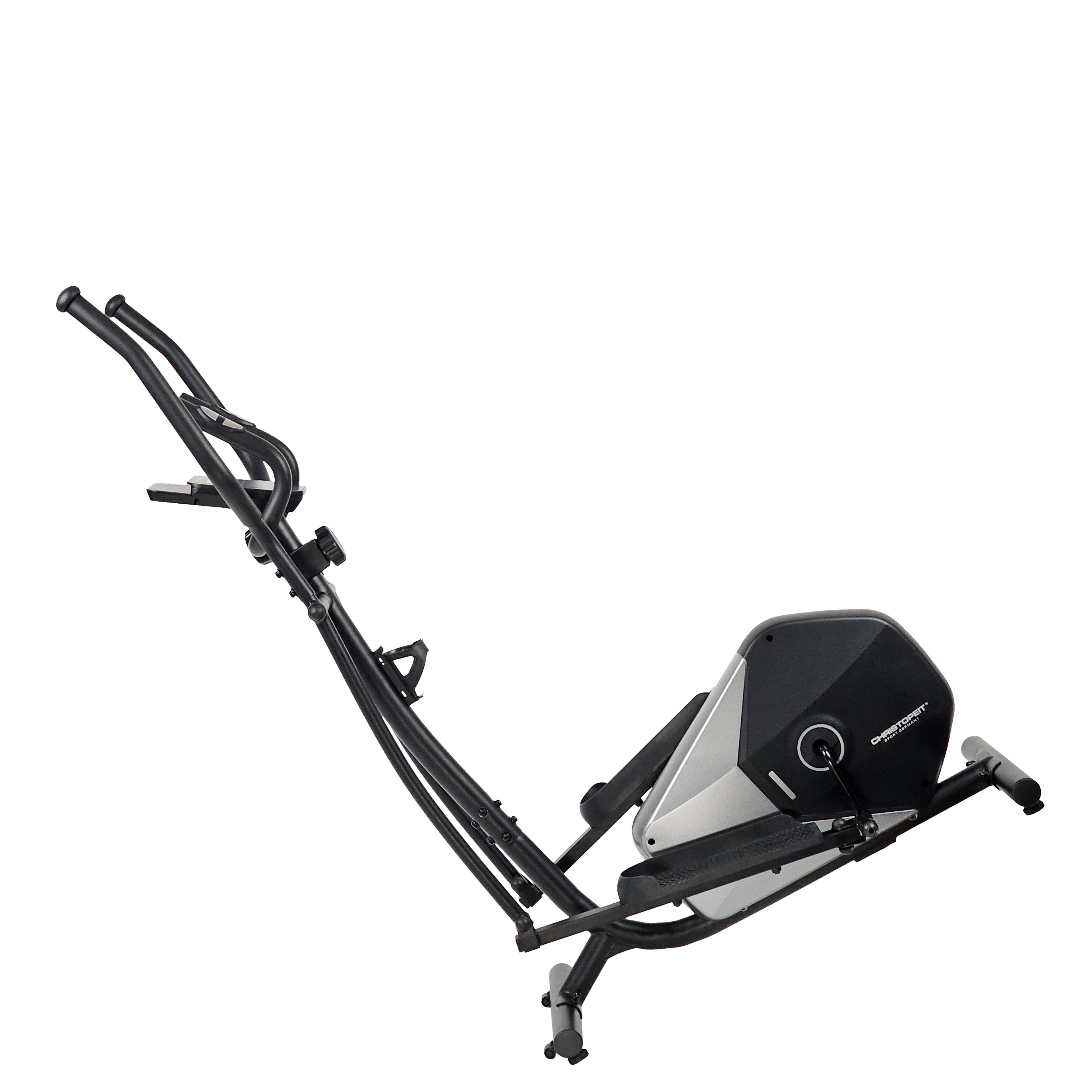 Crosstrainer in diagonaler Ansicht. Schwarzer Rahmen, graues Gehäuse. Griffe und Konsole sichtbar. Auf Standfüßen.