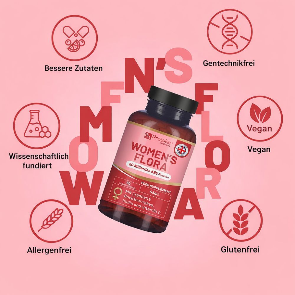 Produktflasche mit Logos: Vegan, Gentechnikfrei, Allergenfrei, Glutenfrei. Text: Women's Flora, 20 Milliarden KBE. Rosa Hintergrund.