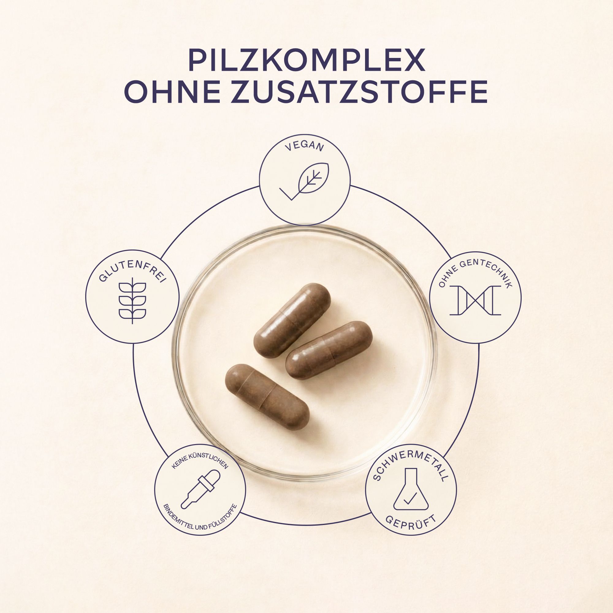 Drei Kapseln auf einer runden Platte. Symbole für Vegan, Glutenfrei, ohne Gentechnik, ohne Schwermetalle.