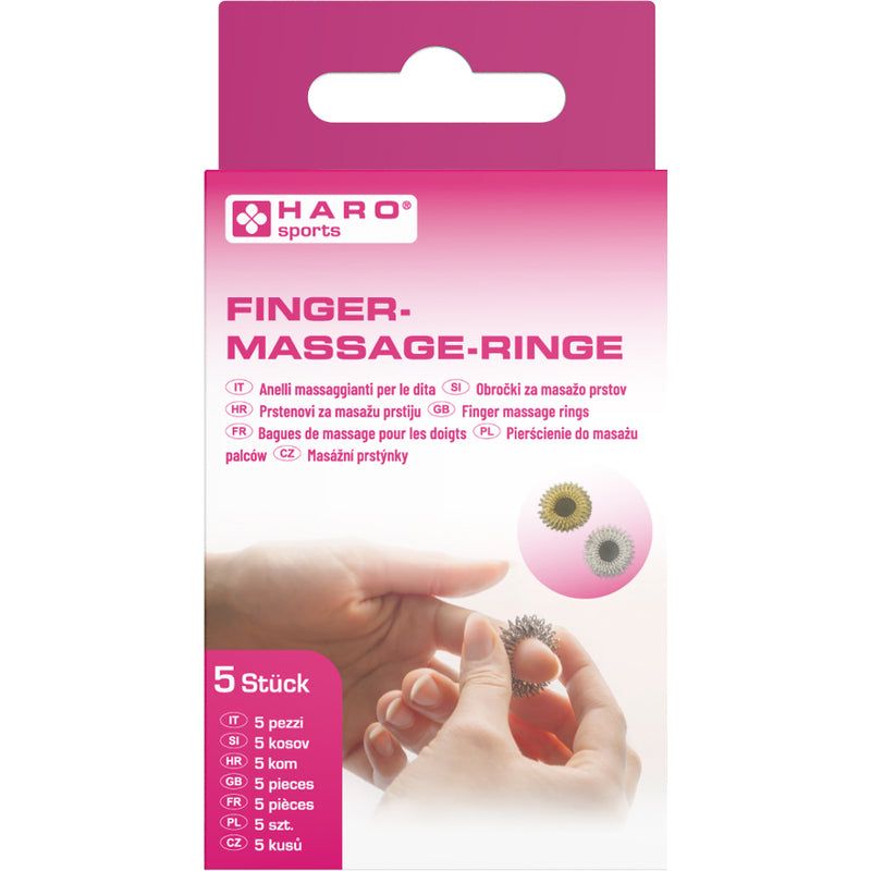Verpackung mit Fingermassage-Ringen. Marke HARO sports. Aufschrift: FINGER-MASSAGE-RINGE. 5 Stück.
