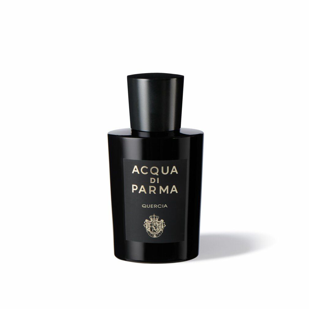 Schwarze Flasche mit Aufschrift: Acqua di Parma Quercia.