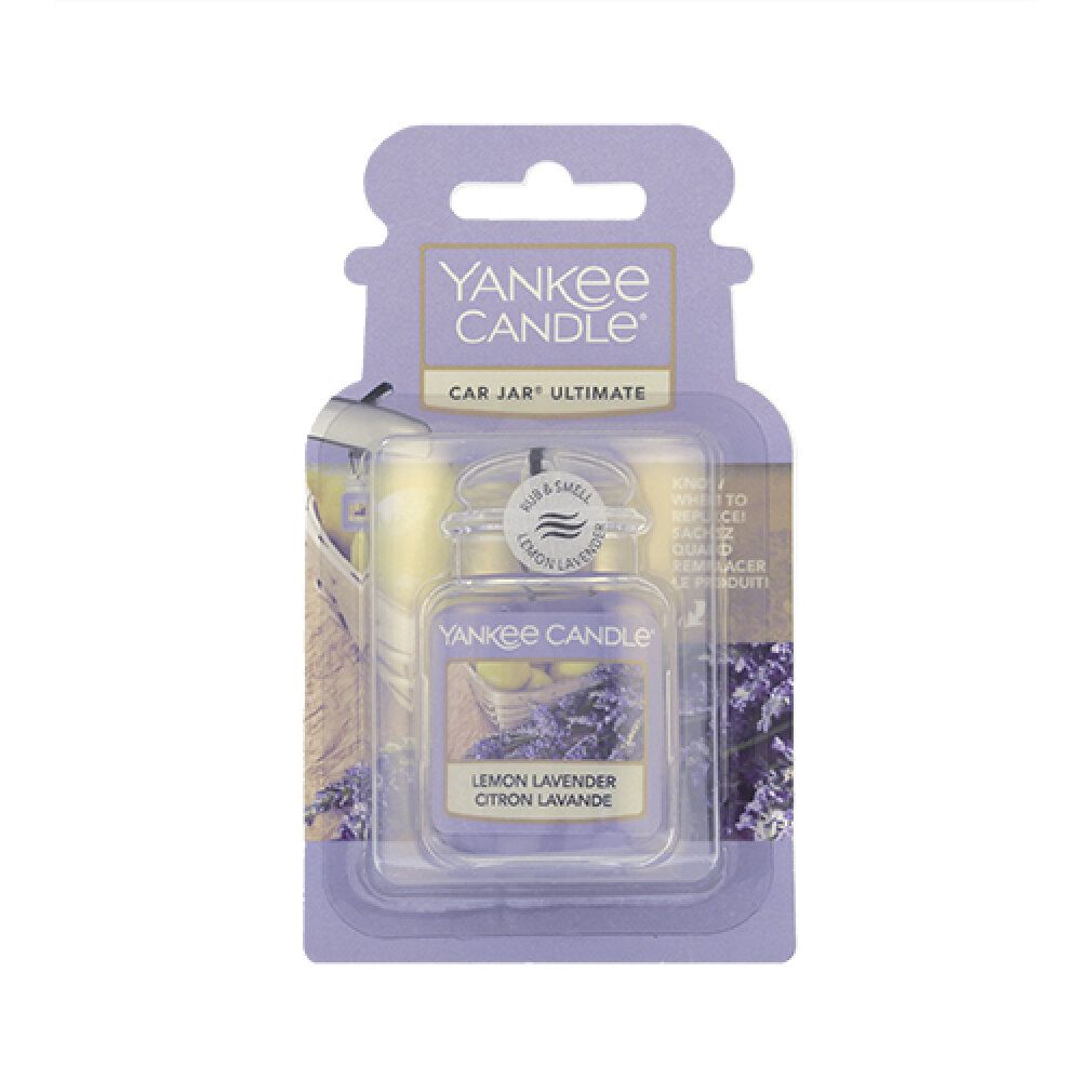 Yankee Candle Car Jar, Lemon Lavender Duft. Violettes Glas im Karton. "CAR JAR" und "Lemon Lavender" Text.