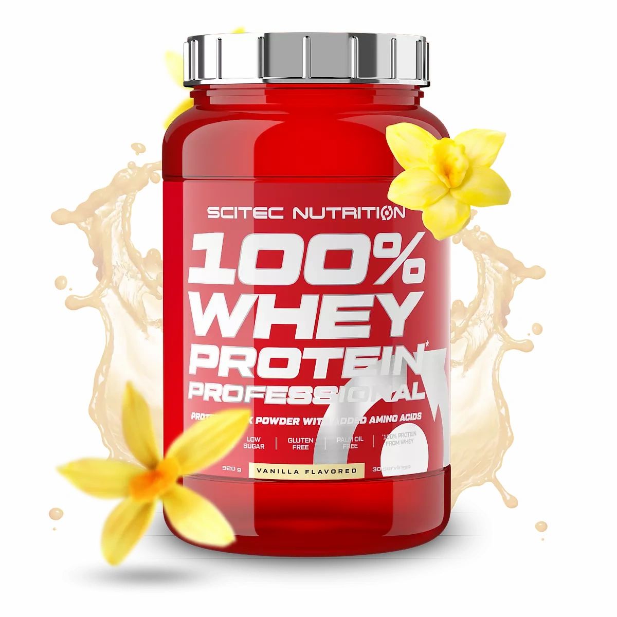 Rote Dose Scitec Nutrition 100% Whey Professional, Vanille-Geschmack. Mit gelben Blüten und Vanille-Aroma-Effekt.