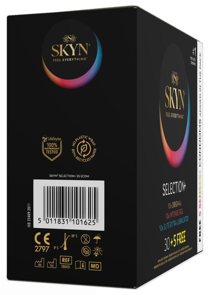 Schwarze Verpackung von SKYN Selection+ mit Produktinformationen und Logos. Enthält 35 Kondome.