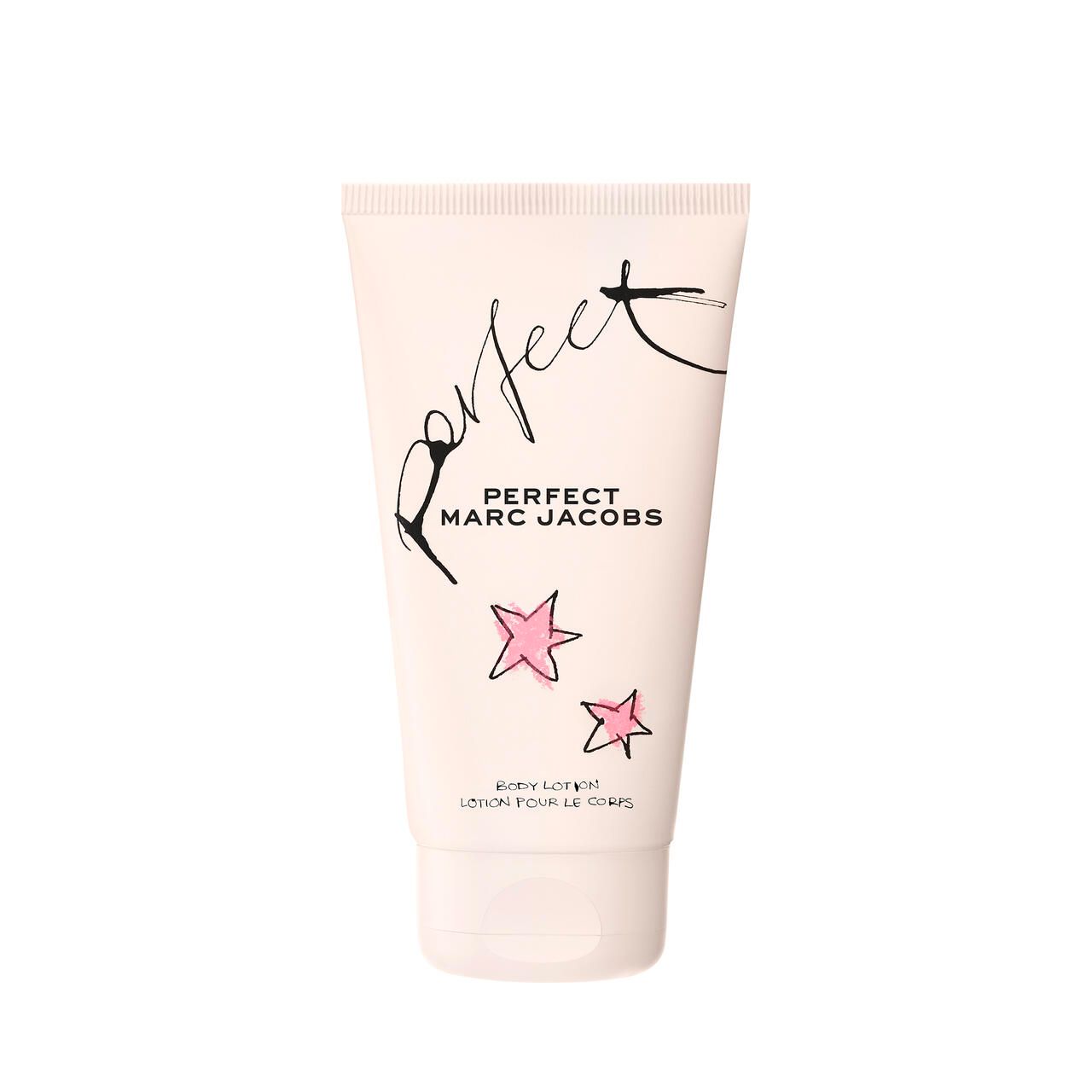 Beige Tube mit schwarzer Aufschrift "Perfect MARC JACOBS". Rosa Sterne und Schriftzug "Body Lotion".