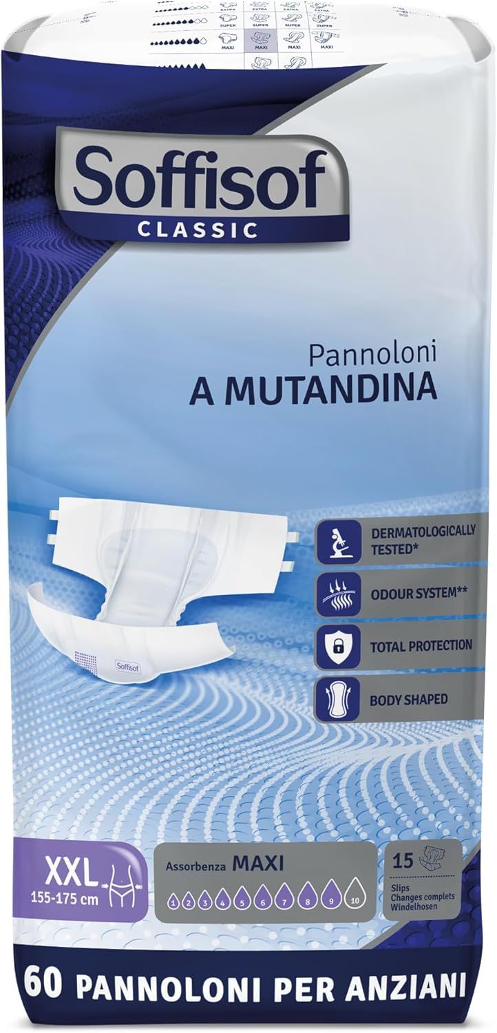 Soffisof Classic Windeln für Erwachsene Maxi, XXL, 60 Stück. Verpackung zeigt Produkt und Eigenschaften.