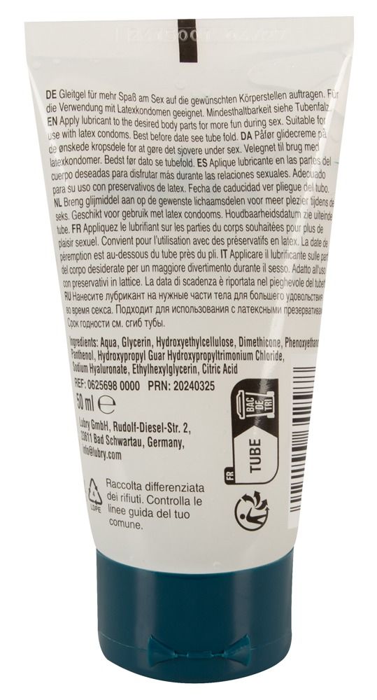 Rückseite der Tube. Text in mehreren Sprachen. Inhaltsstoffe, Herstelleradresse, Chargennummer, Haltbarkeitsdatum, Recycling-Symbol.