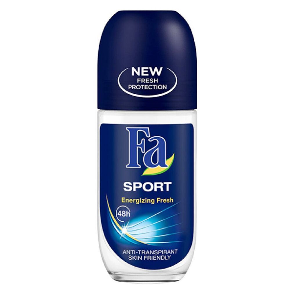 Deo-Roller mit blauem Deckel. Aufschrift: Fa Sport Energizing Fresh. Mit 48h Schutz. Anti-Transpirant. Hautfreundlich.