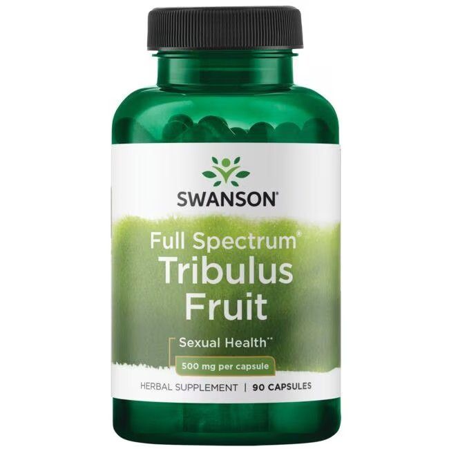 Grüne Flasche mit Kapseln. Aufschrift: SWANSON Tribulus Frucht, 500 mg pro Kapsel. 90 Kapseln. Kräuterergänzung.