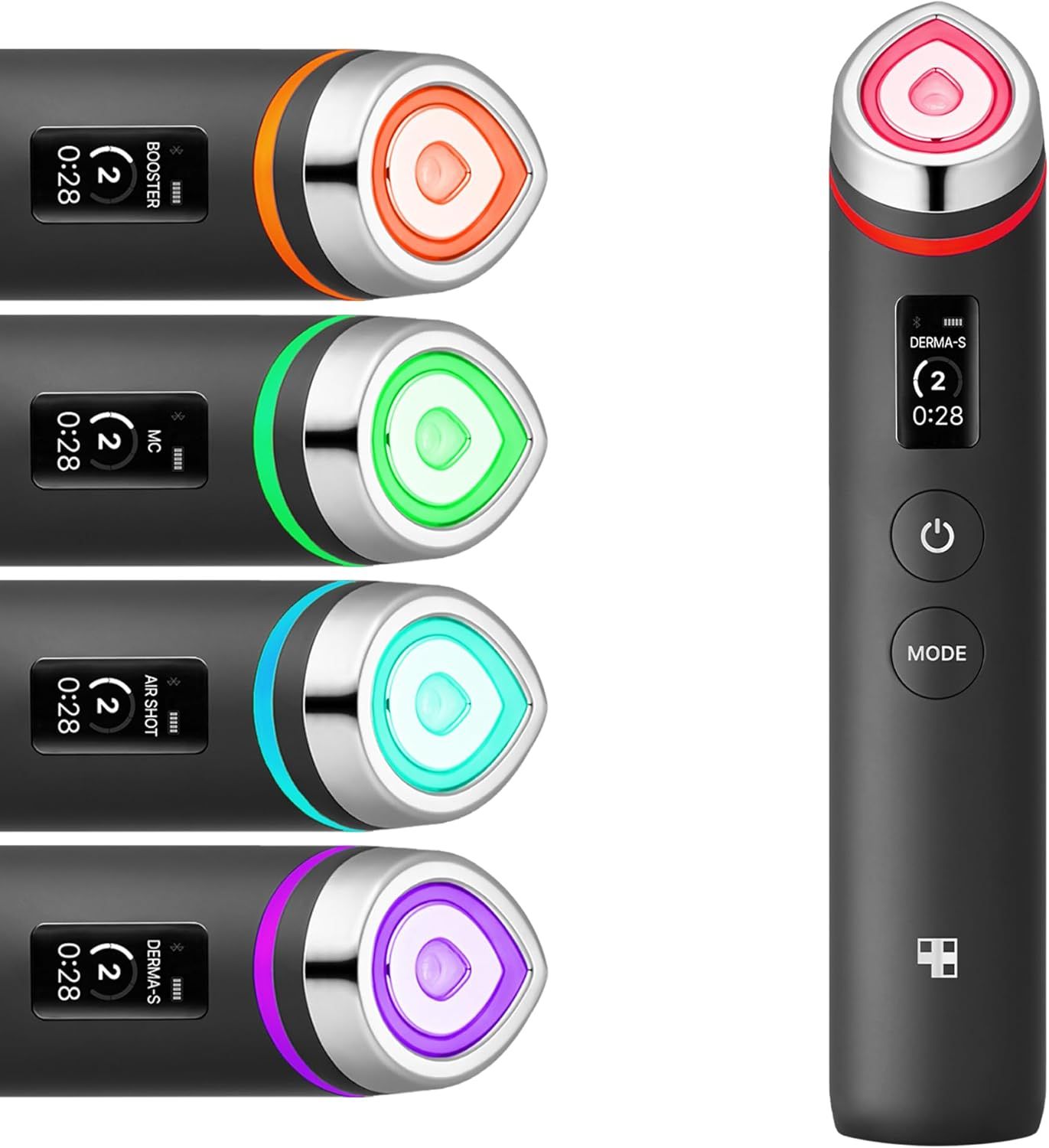 Vier Geräte mit farbigen Lichtern. Schwarze Geräte mit Displays. Rechts: Gerät mit rotem Licht. Text: BOOSTER, MC, AIR SHOT, DERMA-S.