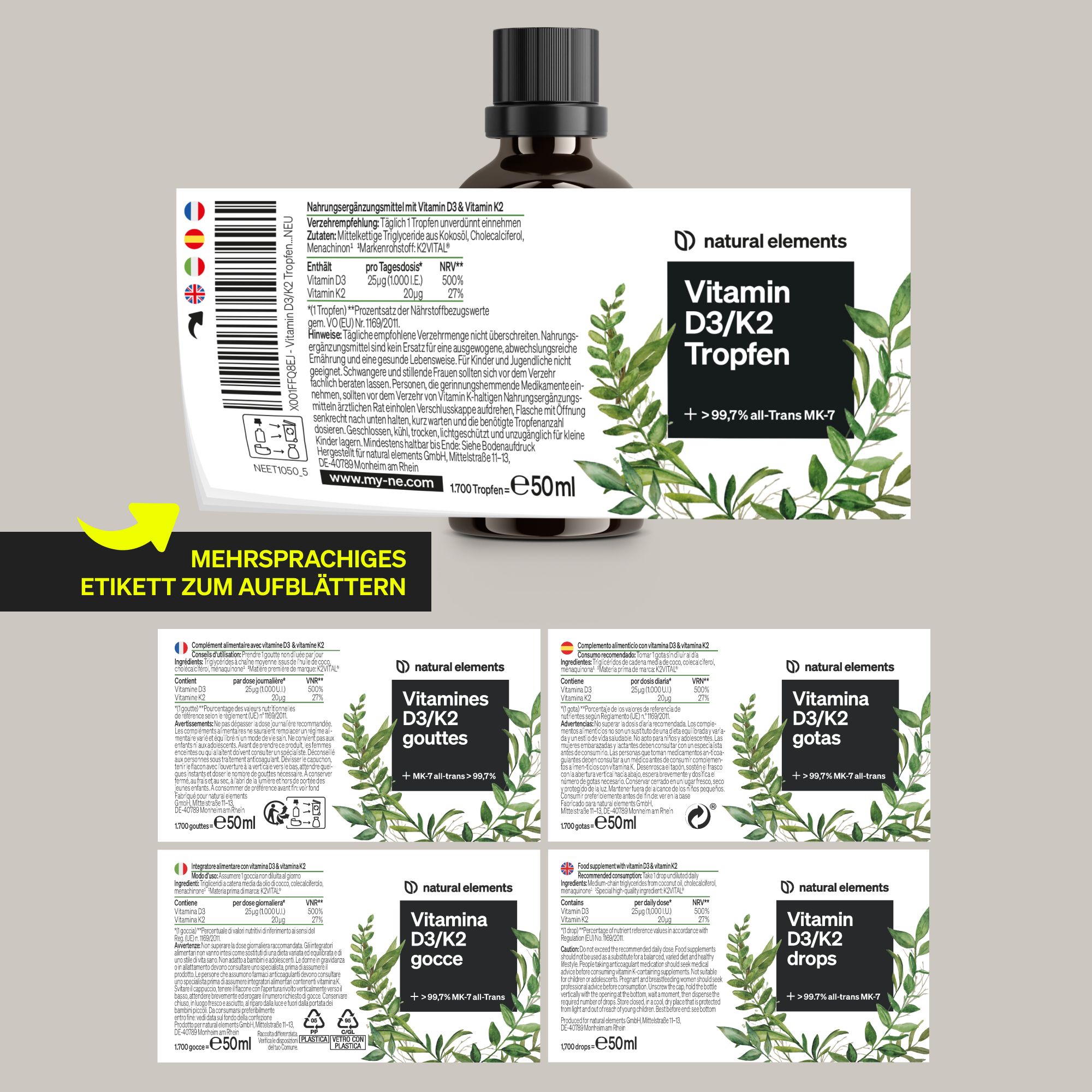 Produktflasche mit aufklappbarem Etikett. Mehrsprachige Informationen. Enthält Vitamin D3/K2 Tropfen. Mehrere Etiketten.