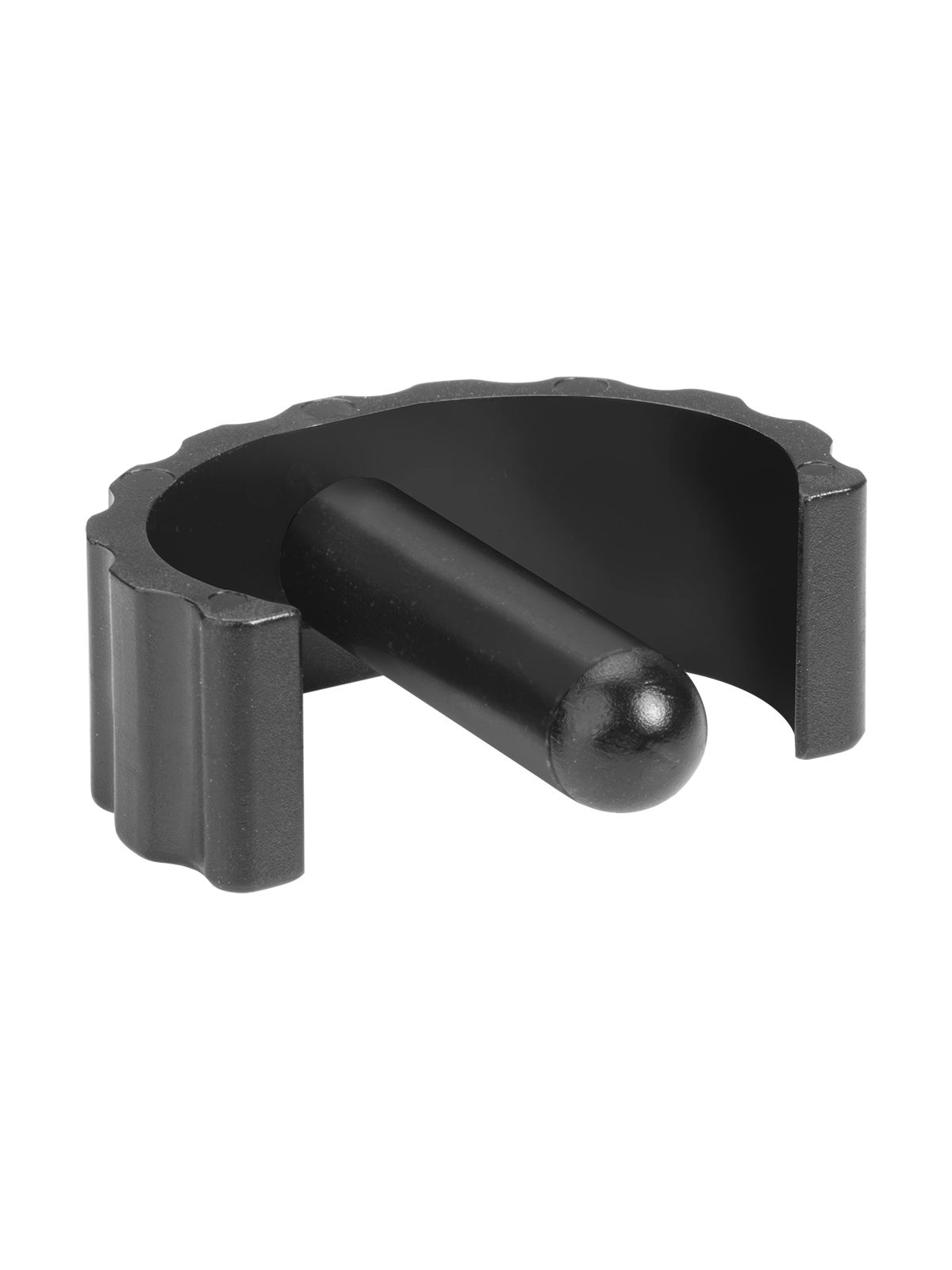 Schwarzes medizinisches Bauteil mit einem zylindrischen Stift und einem geriffelten, halbkreisförmigen Gehäuse.
