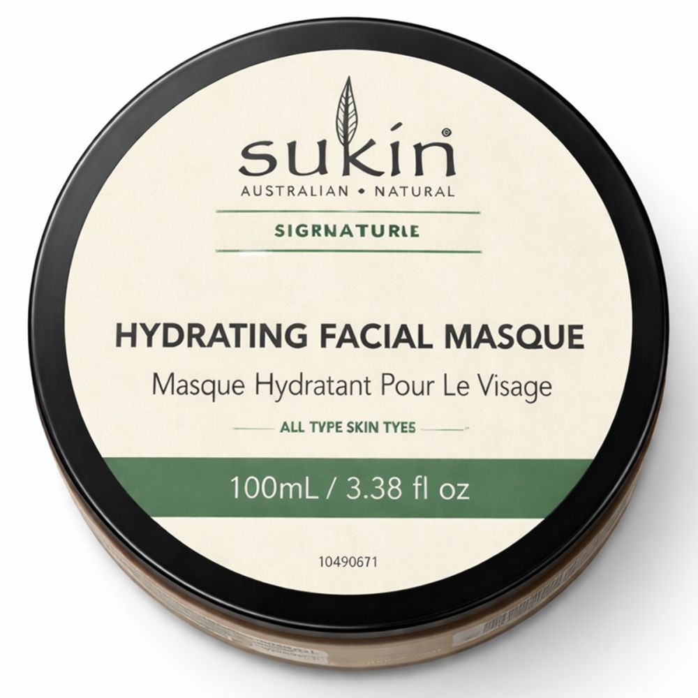 Dose mit schwarzem Deckel. Aufschrift: Sukin, Hydrating Facial Masque. Text und Logo auf dem Deckel.