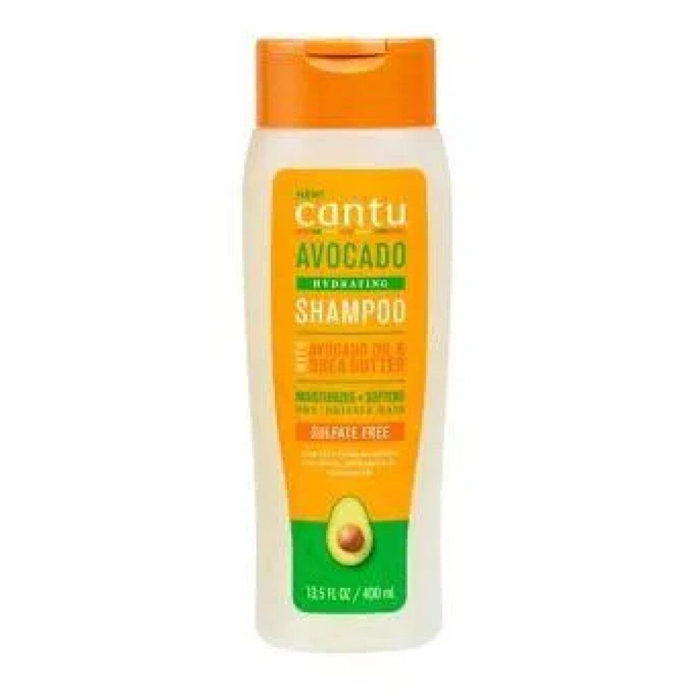 Cantu Avocado Hydrating Shampoo. Weiße Flasche mit orangefarbenem Deckel. Produktname und Avocado-Illustration auf dem Etikett.