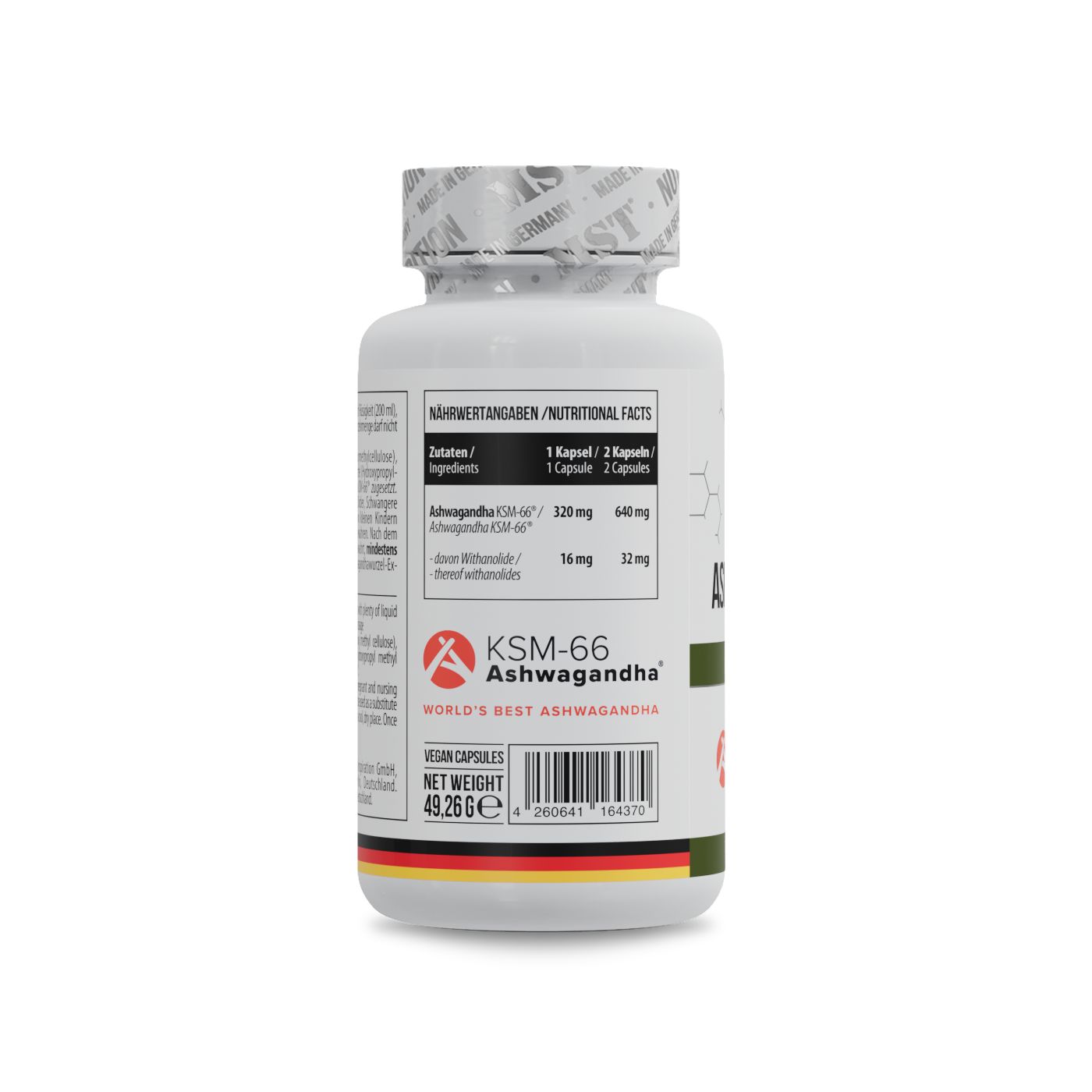 Rückseite einer weißen Flasche mit MST Ashwagandha. Nährwertangaben. Deutsche Flagge unten.