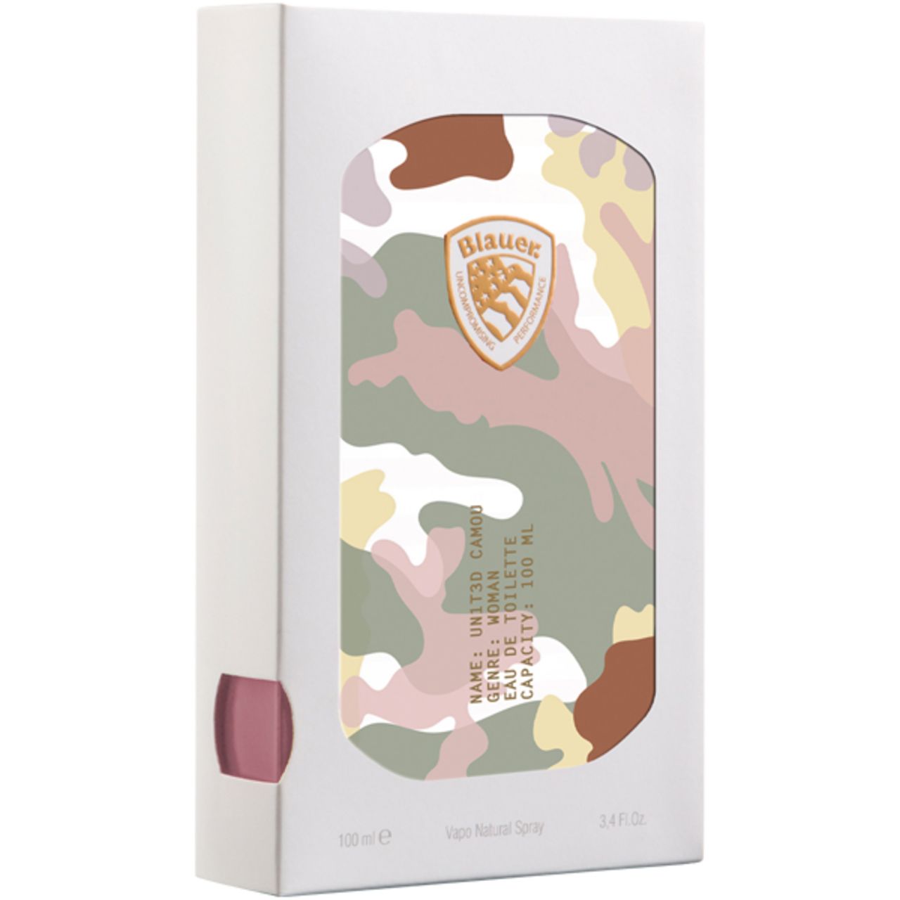 Parfümflakon mit Camouflage-Muster und Markenlogo. In der Verpackung.