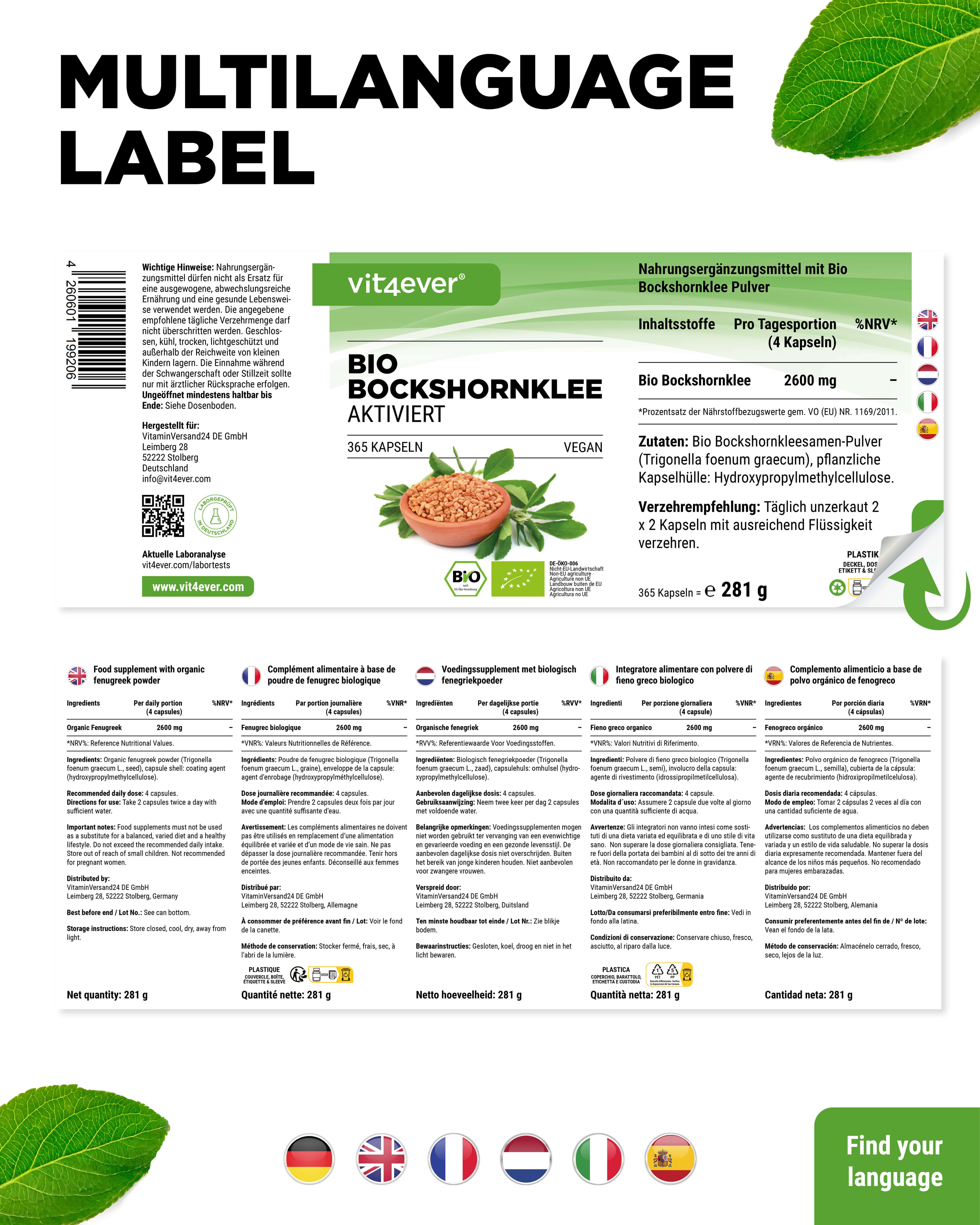 Flasche "vit4ever BIO BOCKSHORNKLEE AKTIVIERT" mit mehrsprachigem Etikett. Text: Nährwertangaben, Zutaten, Verzehrempfehlung.