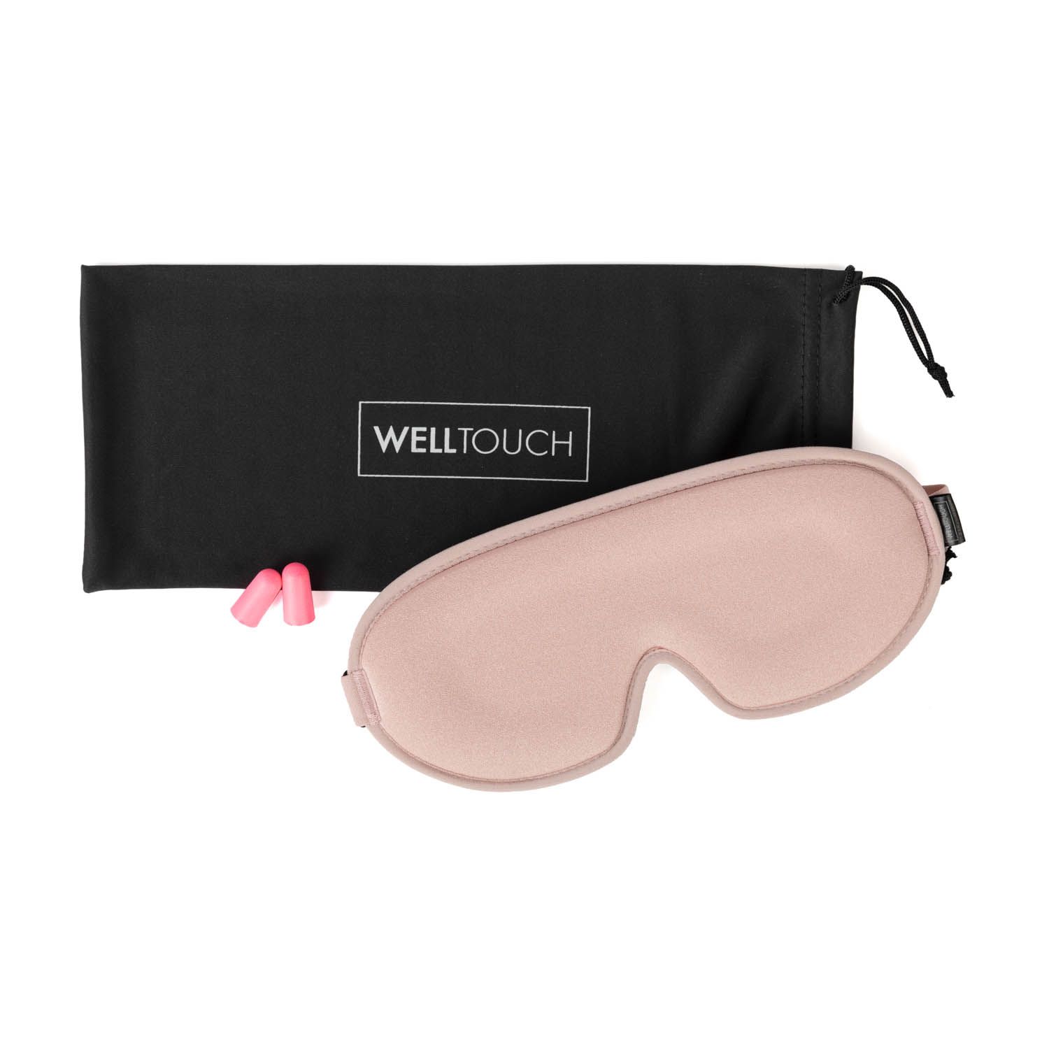Eine rosafarbene Schlafmaske, zwei rosafarbene Ohrstöpsel und ein schwarzer Beutel mit 'WELLTOUCH'-Logo.