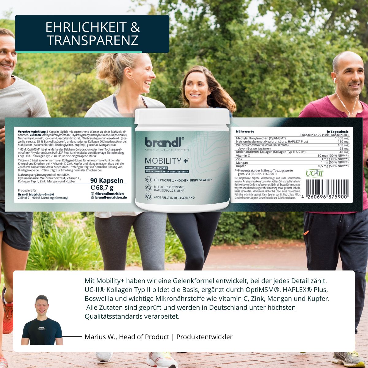 Behälter brandl® Mobility+ mit Text: 90 Kapseln, 68,7g. Text: UC-II® Kollagen Typ II, OptiMSM, HAPLEX® Plus, Boswellia. Produktentwickler Marius W.