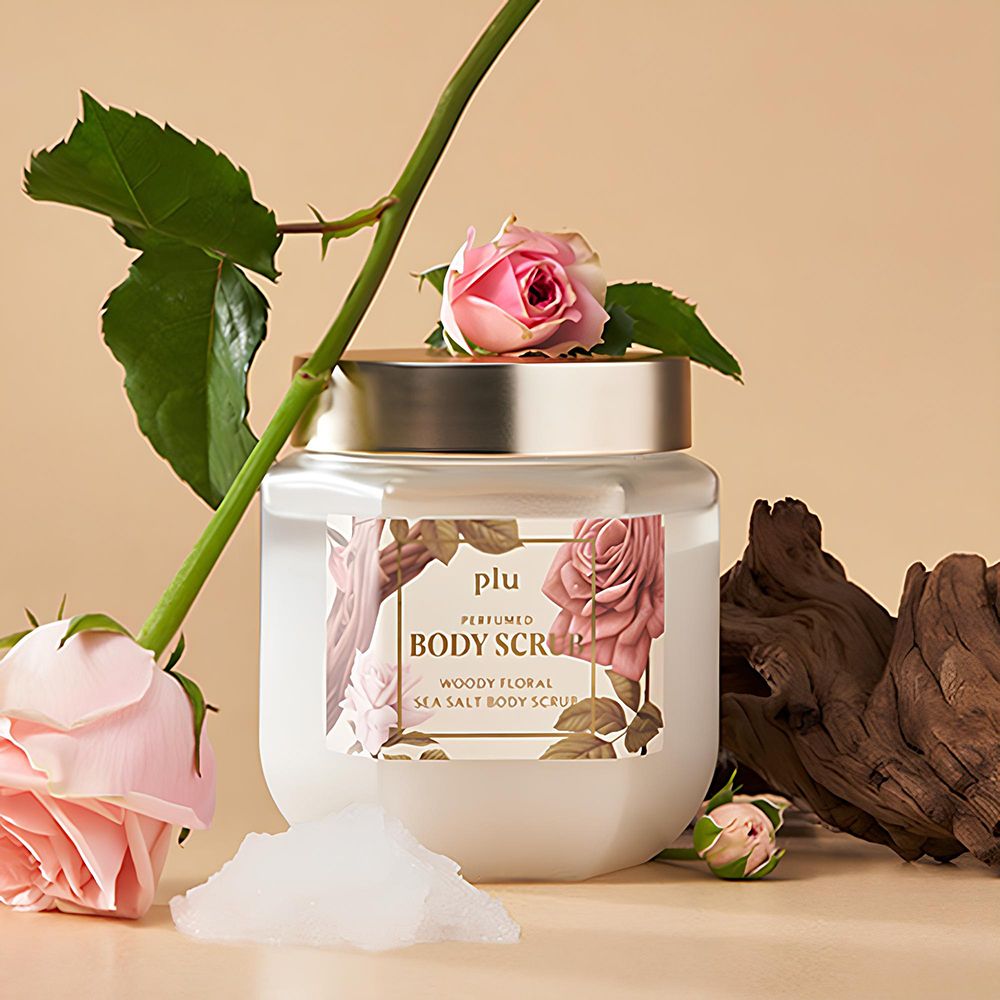 Glasbehälter mit goldfarbenem Deckel, umgeben von Rosen und Holz. Etikett: PLU Perfumed Body Scrub, Woody Floral Sea Salt Body Scrub.