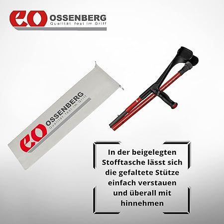 Gehhilfe, rot und schwarz, gefaltet. Logo Ossenberg. Stofftasche. Text: In der beiliegenden Stofftasche lässt sich die gefaltete Stütze einfach verstauen.