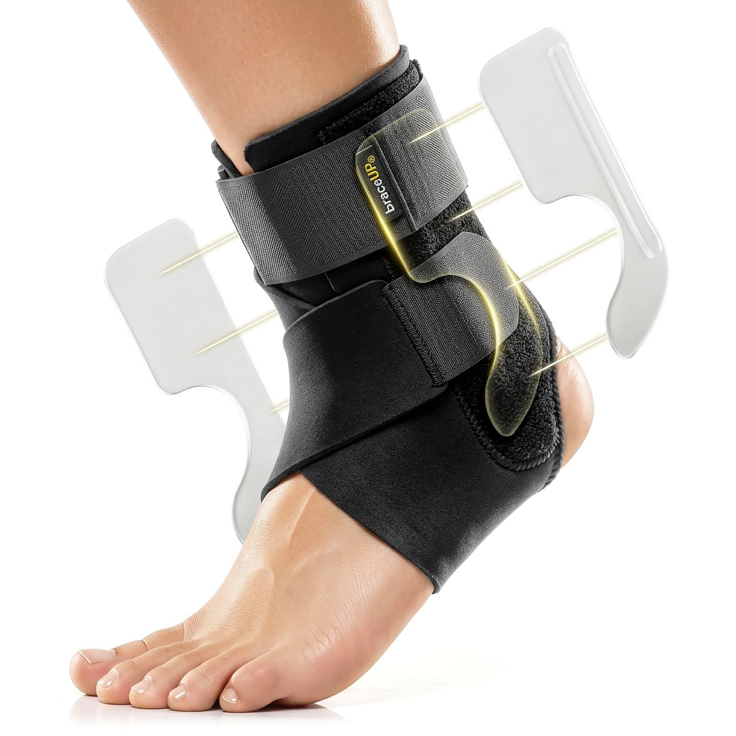Schwarze Knöchelbandage mit Klettverschlüssen und seitlichen Stabilisatoren.