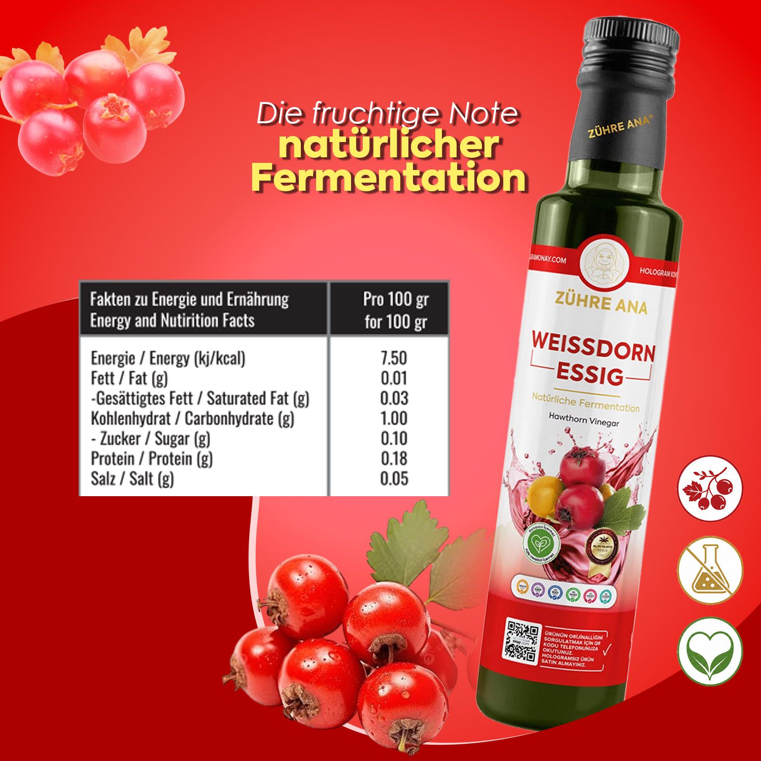Flasche Weißdorn-Essig mit Etikett, das Nährwertangaben und Früchte zeigt.