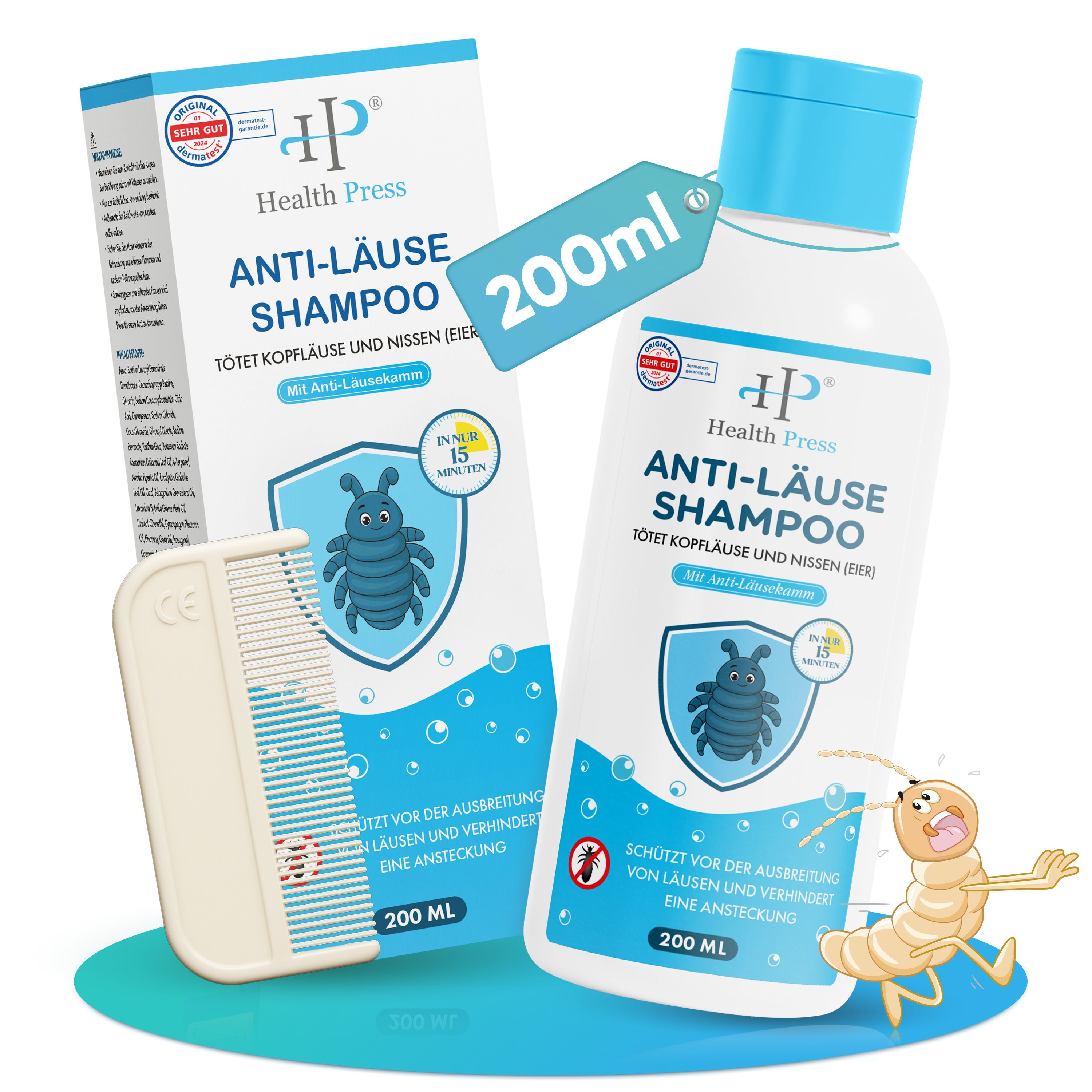 Health Press Anti-Läuse-Shampoo-Flasche und -Verpackung. Enthält einen Kamm. Aufschrift: Anti-Läuse-Shampoo. 200ml.
