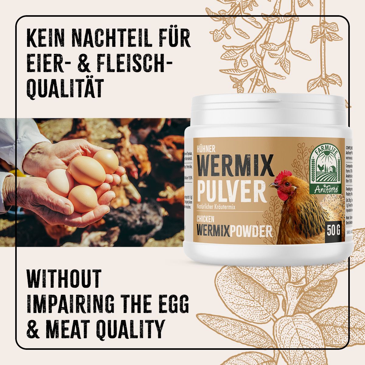 Hände halten Eier. Text: Kein Nachteil für Eier- & Fleischqualität. Weiße Dose mit Text: Wermix Pulver, Chicken, AniForte. 50g.